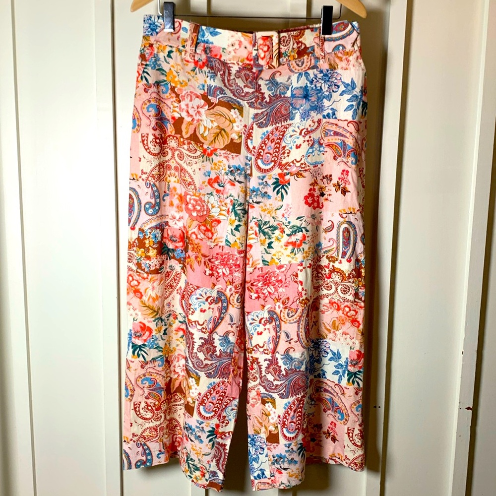 NWOT Floral Paisley Patchwork style print wide leg linen blend boho Pants